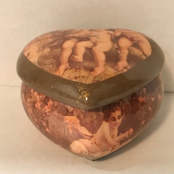 Vintage Ceramic Heart Trinket Box Jewelry Victorian Cherub Children Roses Padded - Picture 2 of 12